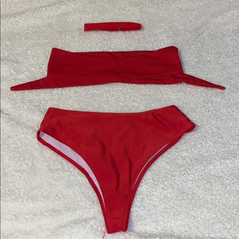 red high waisted bikini with matching choker
